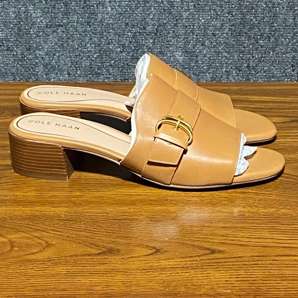 Cole Haan Crosby Slide Leather Sandal Women 10.5B‎ Tan Block Heel Gold Buckle
